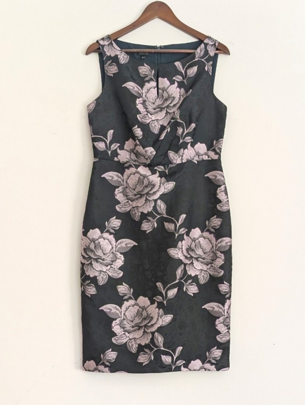 Talbots Sleeveless Black Green Floral Sheath Dress with Pink Rose 6
